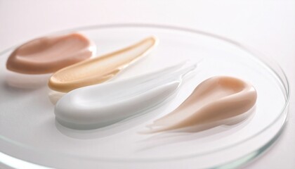 Different Shades of Foundation and Skin Cream Swatches on a Clear Glass Laboratory Dish