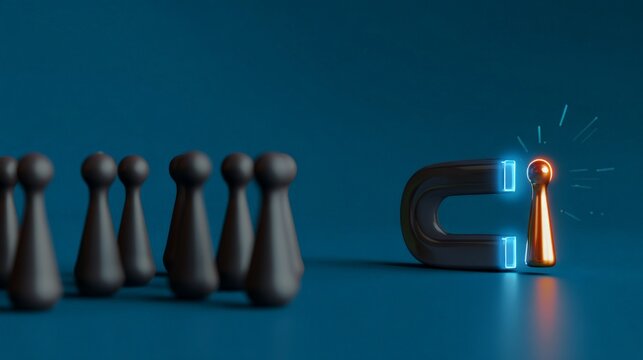 A group of people are lined up in a row, and a magnet is placed in front of them. The magnet is glowing and he is pulling the people towards it