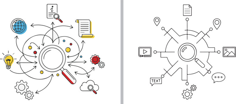 Two vector diagrams featuring magnifying glasses at the center of complex information networks, illustrating multimedia search, data indexing, and interconnected digital resources.