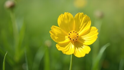 Obraz premium Single yellow buttercup flower with delicate petals opens wide in green grass. Soft focus background with sunlit meadow and blurry buds. Bright bloom is perfect for nature, garden, and spring themes.