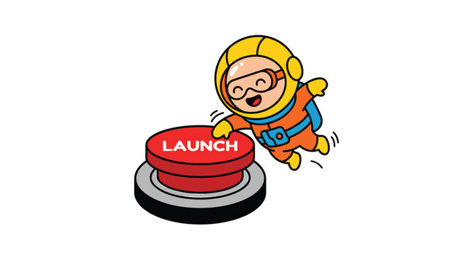 Cartoon Astronaut Pressing Launch Button - Imagination and Space Exploration