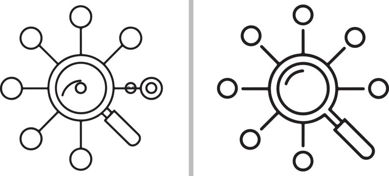 Minimalist black and white vector icons of magnifying glasses surrounded by radiating circles. A clean line-art set representing centralized search, data networking, and connectivity.