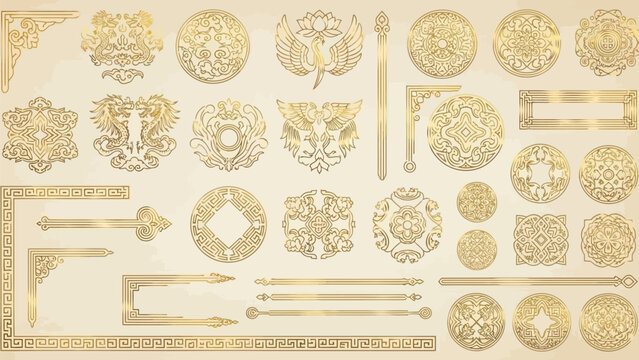 Collection of ornate golden Chinese style decorative elements including detailed dragons phoenixes scrolls and intricate geometric borders