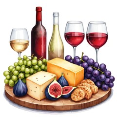 Red and white wine bottles with glasses. Cheese brie grapes figs on wooden board. Perfect for appetizer gourmet food blog or restaurant menu design.