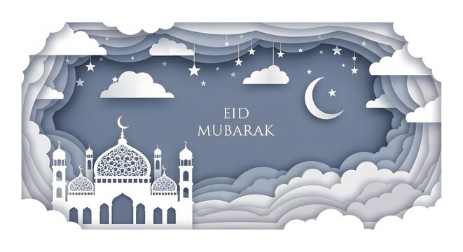 Layered paper cut illustration of mosque, clouds, stars and crescent moon, soft pastel colors, depth effect, clean Islamic greeting card design.