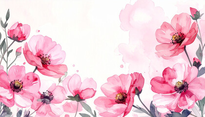Fototapeta premium Hand-painted watercolor banner frame with pink flowers, minimal trendy floral composition