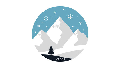 Minimalist circular logo design features snowy mountain peaks under a pale blue sky with falling snowflakes and a solitary pine tree.