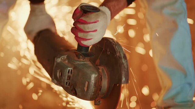 gloved hands operating grinder close-up, rotating disc throwing bright sparks, focused hand grip on tool, metal edge shaving, warm studio light, detailed industrial texture