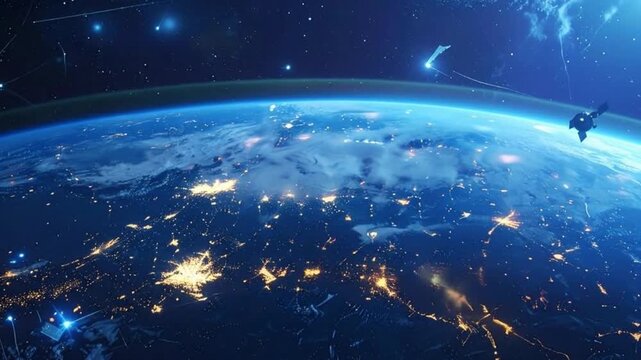 Satellite network orbiting Earth, transmitting data and providing global communication services in space.