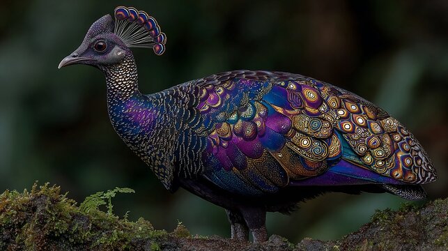 Majestic Palawan Peacock-Pheasant with iridescent Plumage detailed view standing proud