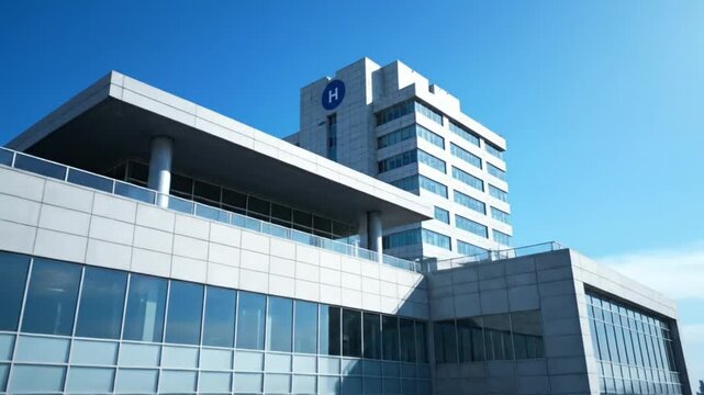 modern office building exterior with glass facade and corporate logo, professional business architecture for marketing campaigns and branding, sleek corporate headquarters design