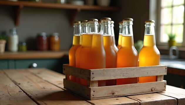 Glass bottles of golden ginger ale sit in a wooden crate on a rustic table. Kitchen background with jars and window. Refreshing homemade beverage.