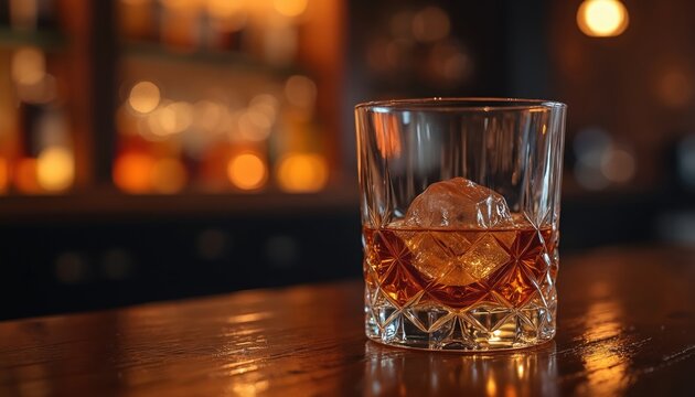 Glass of amber whiskey with ice sits on a dark wooden bar top. Softly lit background with blurred bottles creates a cozy bar atmosphere perfect for a relaxing drink.