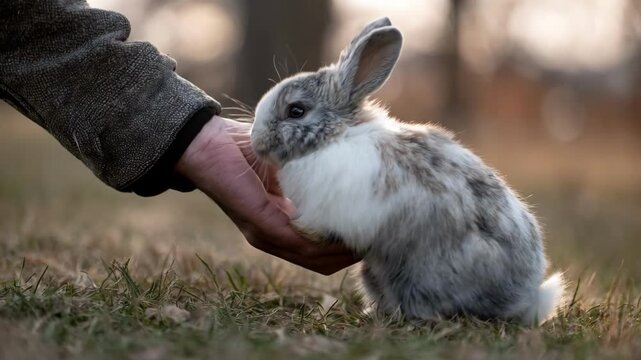 Medium shot capturing a pet owner practicing gradual desensitization training outdoors with a nervous rabbit.