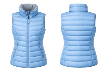Women's soft blue puffer vest mockup, front and back view, sleeveless jacket. Isolated on white background.