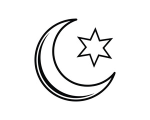 Fototapeta premium Crescent moon and star symbol outline on white background islam islamic