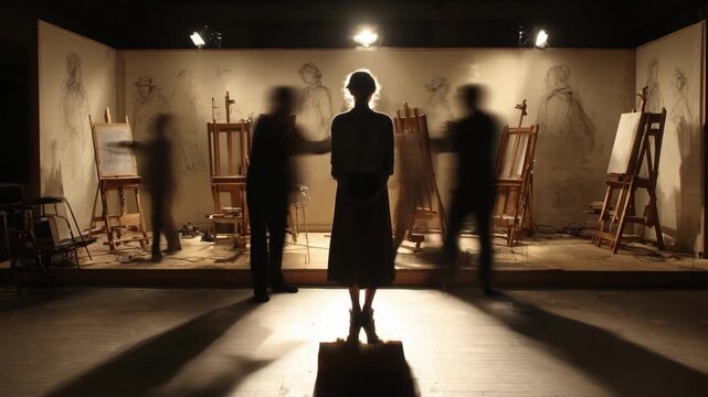 Medium shot highlighting long pose figure on central platform warm spotlight casting dramatic shadows as easels and preliminary sketches fade into blur.