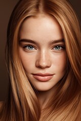 Naklejka premium Porträt einer jungen Frau mit langem blondem Haar und natürlichem Make-up vor braunem Hintergrund