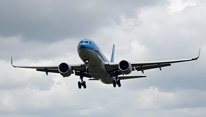 Fototapeta premium Commercial airplane with blue and white livery descending for landing against a cloudy sky