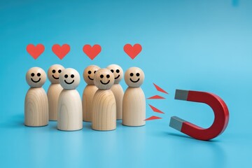 A red horseshoe magnet attracts a group of happy wooden peg figures with red heart icons above them.