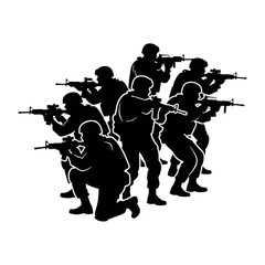 Fototapeta premium Vector illustration of military soldier silhouettes and musicians in a black army band featuring snipers with rifles alongside guitarists and trumpet players holding instruments