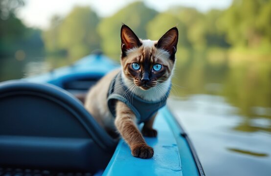 Siamese cat with blue eyes wears harness sits in blue kayak on river morning nature background. Pet enjoys calm water boat ride peaceful summer day trip.