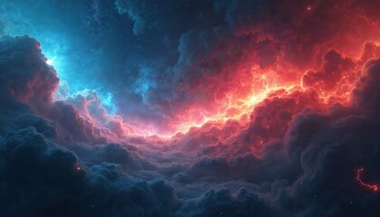 Vibrant cosmic nebula glows with fiery red and cool blue clouds. Stars twinkle in deep space, showing star formation and cosmic energy for science fiction.