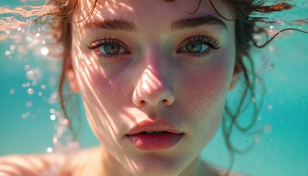 Woman submerged in clear blue water her face serene and lit by sunlit shadows. Bubbles float around her as light plays on her wet skin. She looks forward with calm green eyes.