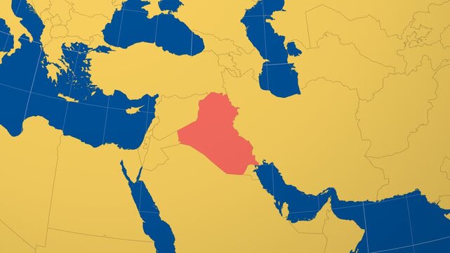 Iraq on Globe. Animated zoom into the country in Ocean Blue Golden Yellow color palette. Iraq logo animation. Map with meridians, parallels. Classic video.