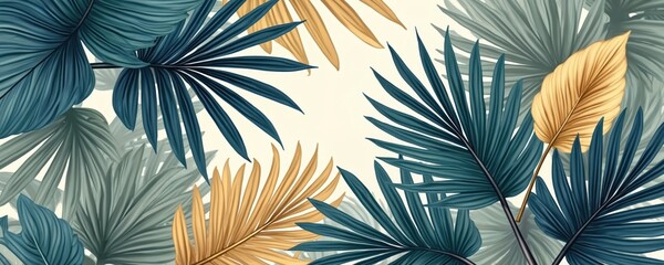 Obraz premium Exotic palm leaves pattern in blue, gold, and teal hues. Tropical jungle foliage arranged in a seamless design. Exotic botanical art creates a luxurious botanical backdrop.