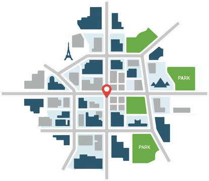 A top-down vector city map featuring a red location pin, gray streets, blue buildings, green park areas, and landmarks like the Eiffel Tower, ideal for navigation and urban planning themes.