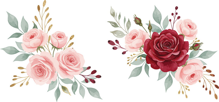 Two beautiful bouquets of pink and red roses with leaves