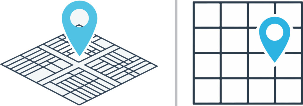 Blue location pin icons on isometric and flat grid maps. This clean vector set represents navigation, GPS tracking, and geographical positioning in a modern style.