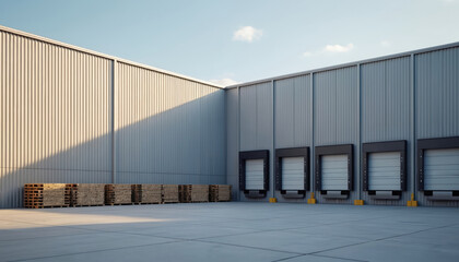 Obraz premium Industrial warehouse exterior with multiple loading docks, stacked wooden pallets. Facade features corrugated metal siding under clear blue sky with soft sunlight casting shadows. Modern logistics