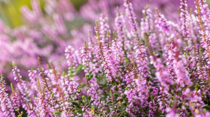 Fototapeta premium A close-up view of blooming heather flowers in shades of pink and purple. The scene captures the delicate petals and lush green foliage.