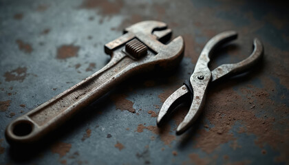 Old rusty adjustable wrench and plier sit on rough textured surface. Metal tools show wear and age, hinting at heavy use in workshop or garage environments. Close up focus on aged equipment.