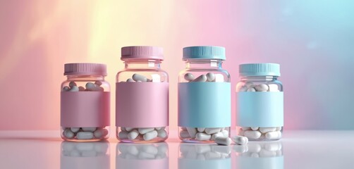 Four medicine bottles with white pills sit on a reflective surface. Pastel lids and blank labels offer custom branding options for pharma or cosmetic products, ideal for health.