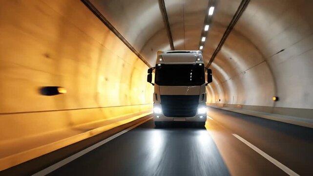 White semi-truck driving through a bright tunnel, symbolizing transportation and logistics efficiency.