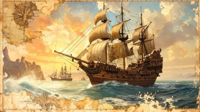 Vintage sailing ship navi the ocean waves, set against an antique map background.