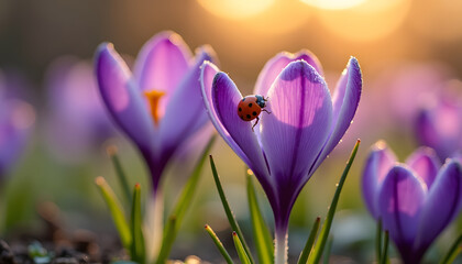 Close-up of a ladybug on a purple crocus flower with soft golden sunlight in the background