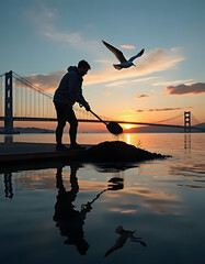 Fototapeta premium Man shoveling dirt on a dock with Golden Gate Bridge and seagulls at sunset