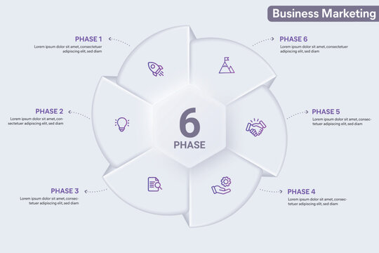 Neumorphism Infographic With 6 Options, Steps, Parts, Segments. Pie Chart Infographic Vector Illustration for Business Presentation, Annual Report Etc.