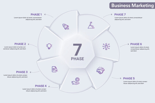 Neumorphism Infographic With 7 Options, Steps, Parts, Segments. Pie Chart Infographic Vector Illustration for Business Presentation, Annual Report Etc.