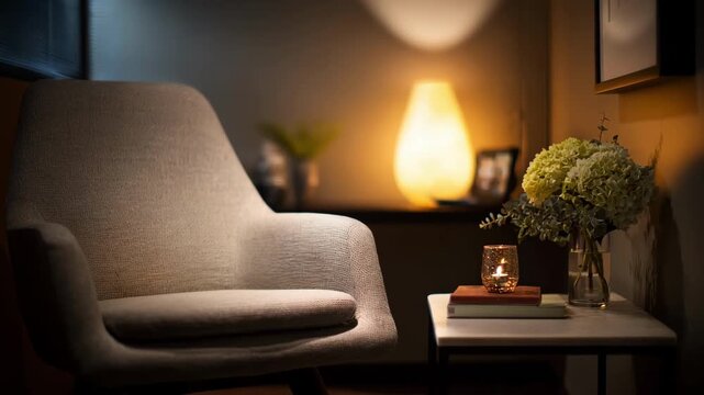 Therapy space illuminated by warm indirect light with dimmable features emphasizing a focal point in sharp detail against a blurred restful background.