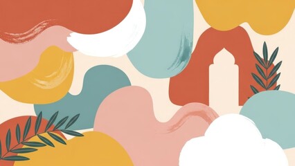 Abstract colorful shapes and a mosque with green leaves and clouds in the foreground and background