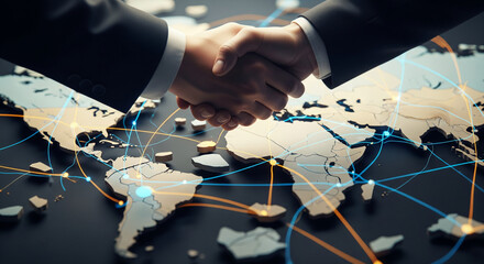 Businessmen Shaking Hands Over a Stylized 3D World Map with Global Network Lines Representing International Partnership and Global Trade Cooperation