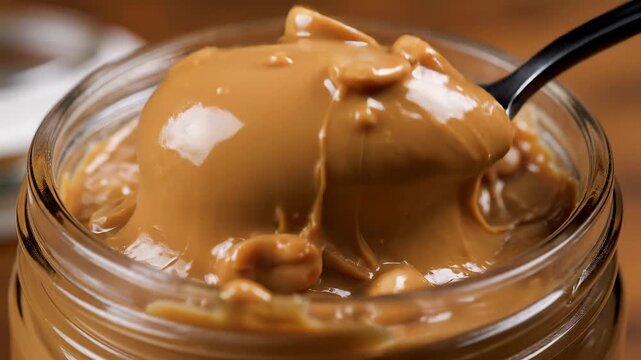 A closeup view of creamy and chunky peanut butter being scooped from a clear glass jar with a metal spoon highlighting its rich texture and delicious appearance ready to be spread on toast or used in.