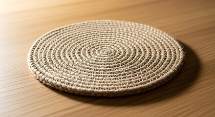 Neutral woven placemat on natural wood surface casting soft shadow