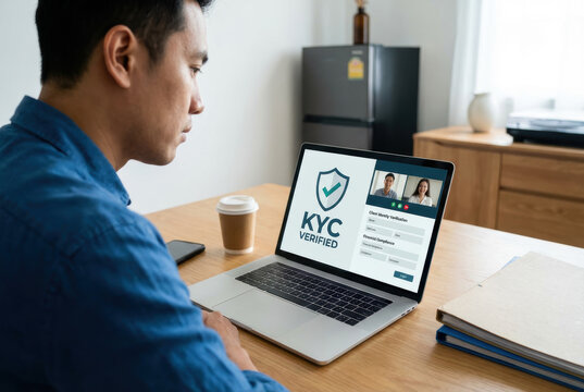 KYC verified certificate satisfaction guarantee policy exam law solution approval display on laptop screen while man work remote from home office desk Concept of compliance