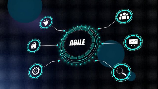 Business agile and scrum methodology concept, digital glowing interface with workflow icons, innovative technology, corporate speed and flexibility